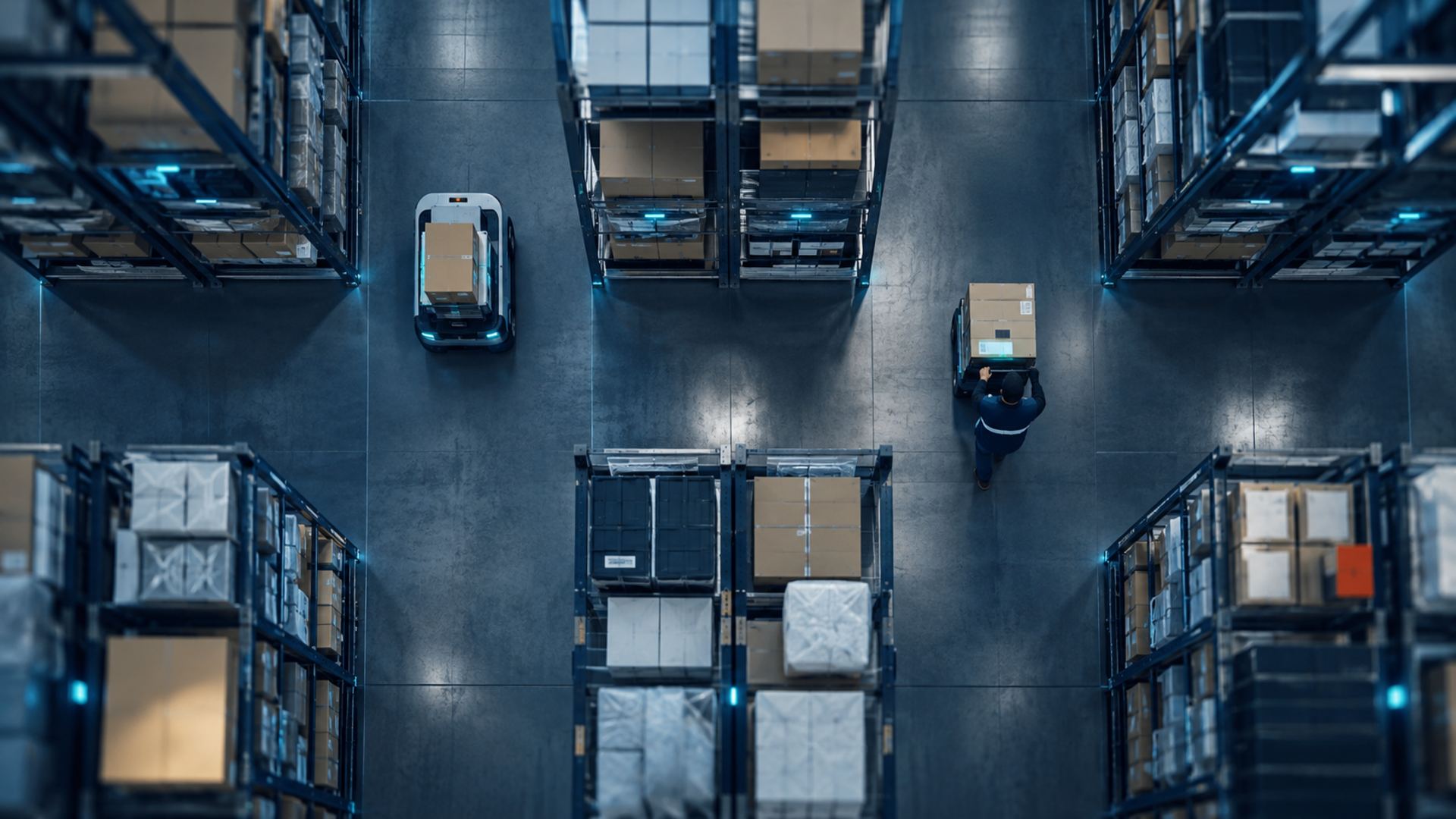 E-commerce warehouse seen from above, organised shelves and parcels