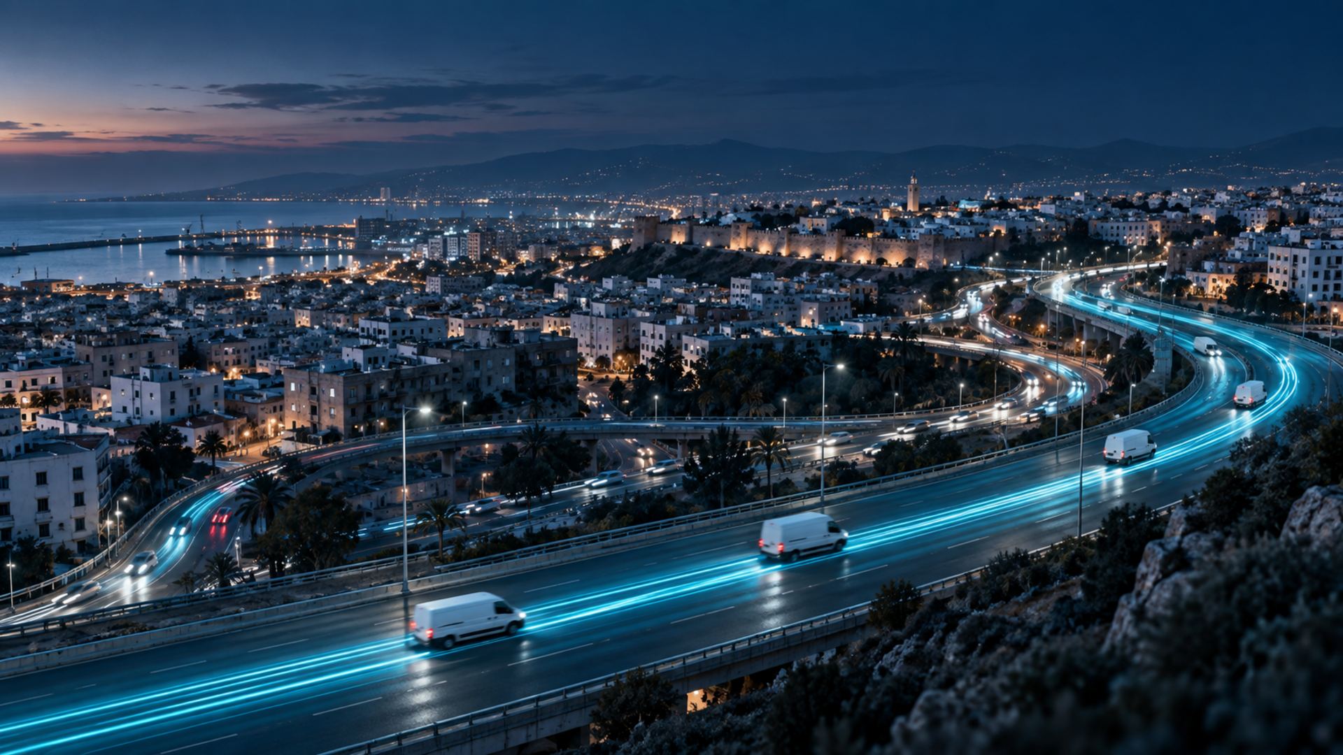 Delivery vans on a ring road at dusk, with light trails