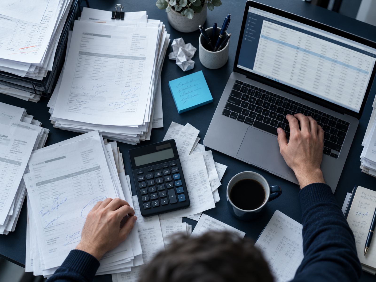 Employee manually keying paper invoices into an ERP