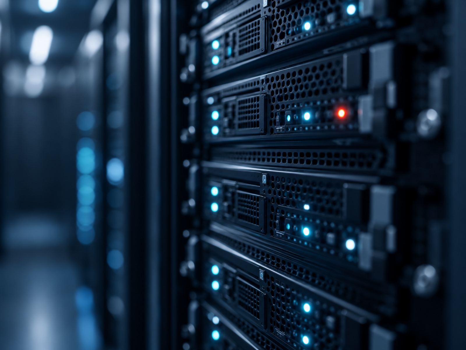 Rack of servers with one red light flagging an overloaded machine